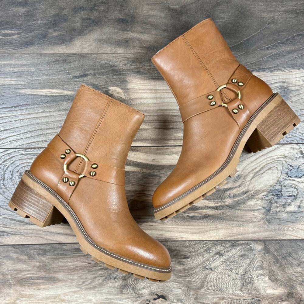 Steve Madden Cordelia 8.5M Cognac Leather Block Heel Harness Biker Ankle Boot - Picture 2 of 12